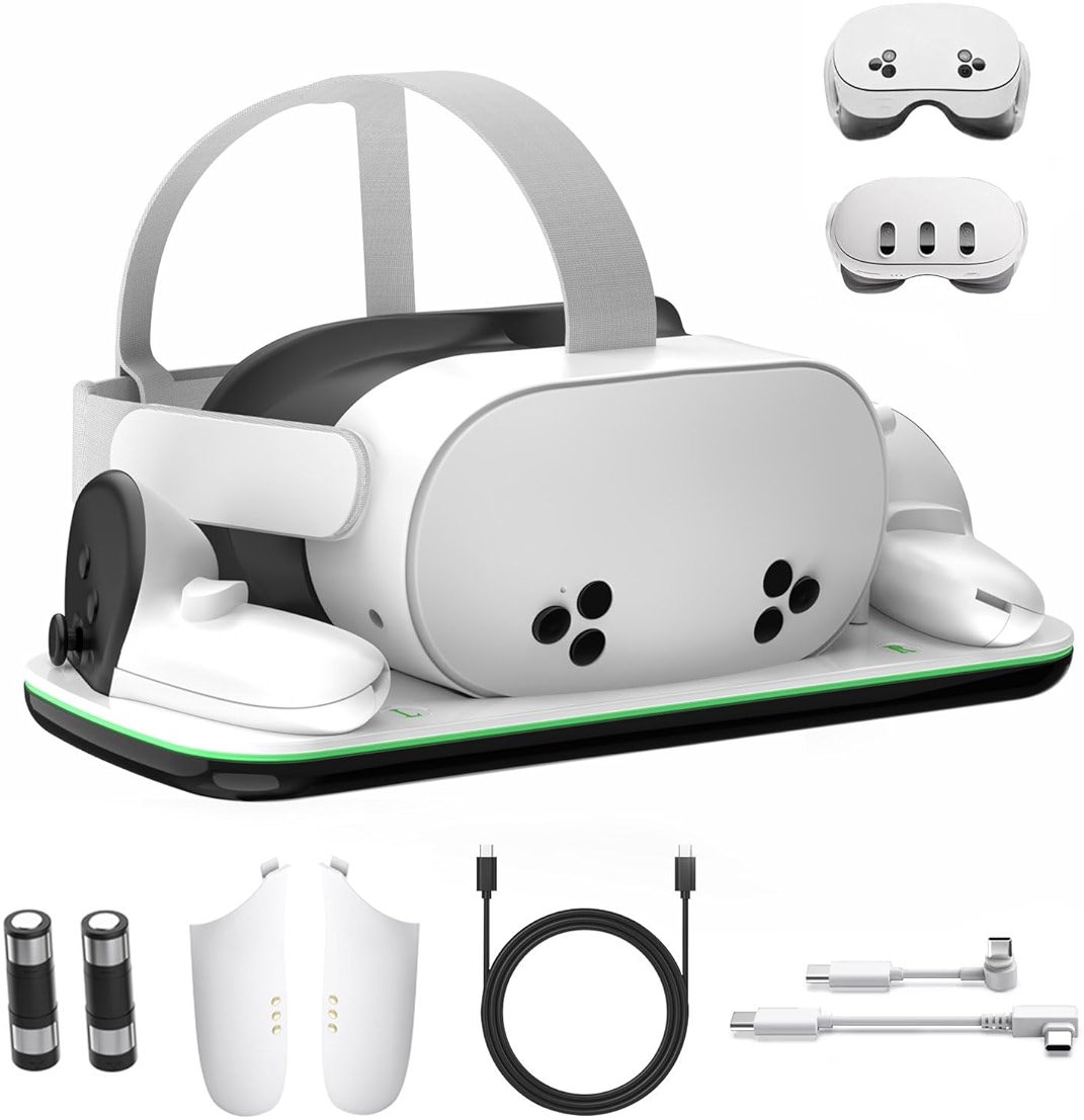 Charging Dock Compatible with Meta Oculus Quest 3/3S, VR Headset Controller Accessories, Charging Station with Closable LED Indicator, Magnetic Charging, Fast Charging, 2 Rechargeable Batteries - Product Image