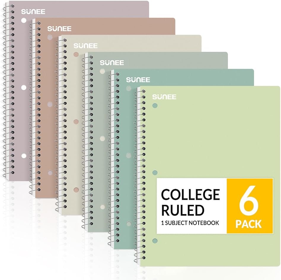 SUNEE Spiral Notebooks, 6 Pack, 1-Subject, College Ruled Paper, 8" x 10-1/2", 70 Sheets per Notebook, Assorted Aesthetic Colors Spiral Notebooks for School - Product Image