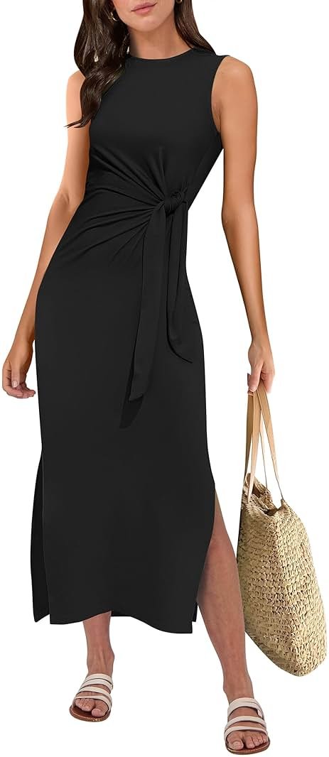 ANRABESS Womens Summer Casual Sleeveless T Shirt Midi Dress Slim Fit Tie Waist Split Tank Long Dresses 2026 Vacation Sundress - Product Image