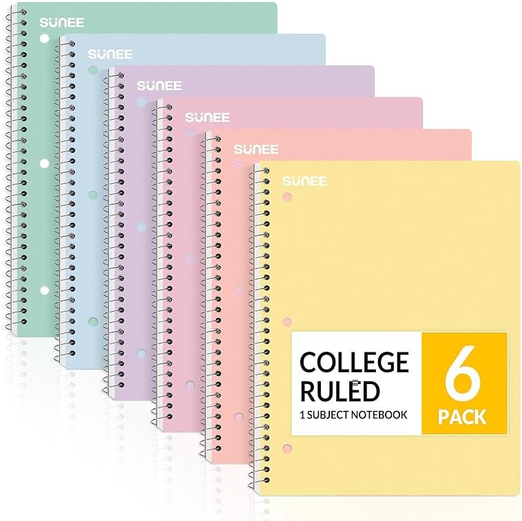 SUNEE Spiral Notebooks, 6 Pack, 1-Subject, College Ruled Paper, 8" x 10-1/2", 70 Sheets per Notebook, Assorted Pastel Colors Spiral Notebooks for School - Product Image