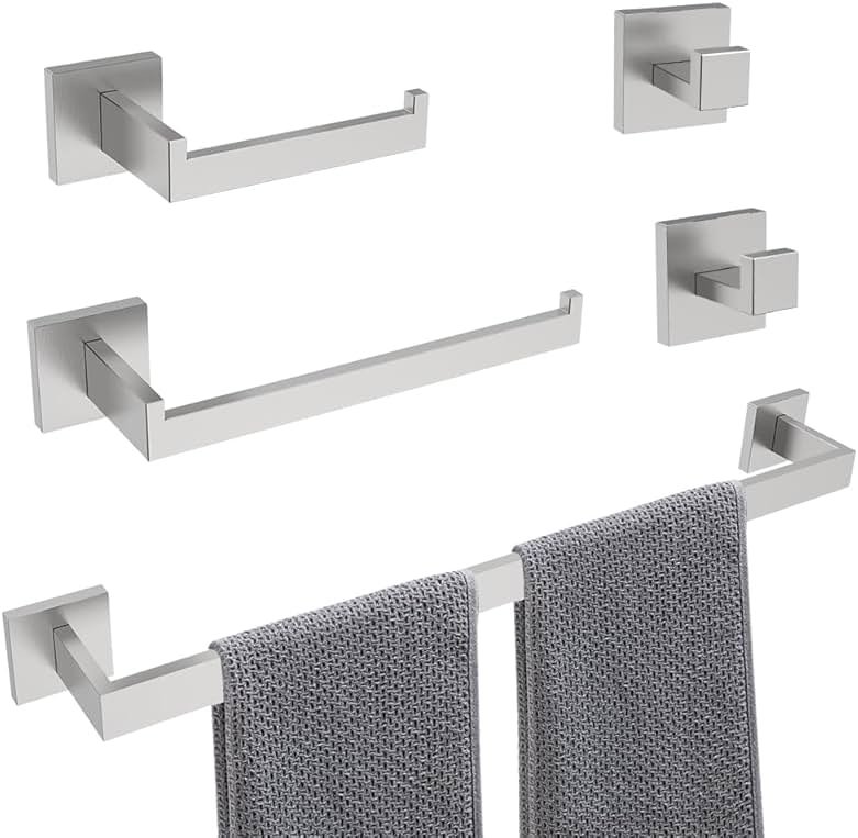 5-Piece Brushed Nickel Bathroom Hardware Set, Wall Mounted Thickened 304 Stainless Steel Towel Holder Set, Featuring 23.6" Towel Bar, Hand Towel Rack, Toilet Paper Holder, and 2 Towel Hooks - Product Image