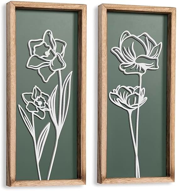 3D Floral Green Wall Art (Set of 2) Lightweight, Wooden Ready-to-Hang Boho Framed Wall Art for Bathroom, Bedroom, Living Room or Office – Premium Sage Green Farmhouse Decor – Gift-Boxed - Product Image