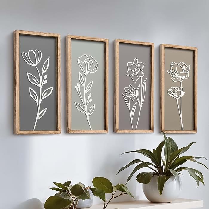 3D Wooden Floral Bathroom Wall Decor (Set of 4) Lightweight, Ready-to-Hang Framed Wall Art For Living Room, Bedroom, or Office - Premium Boho Botanical Farmhouse Decorations - Gift-Boxed - Product Image