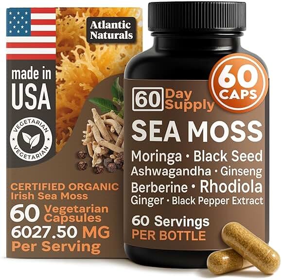 Sea Moss Capsules – Irish Sea Moss with Black Seed Oil, Ashwagandha, Moringa, Ginseng & Ginger for Energy, Vitality & Wellness – Seamoss Nutritional Supplement – Made in USA – 60 Capsules - Product Image