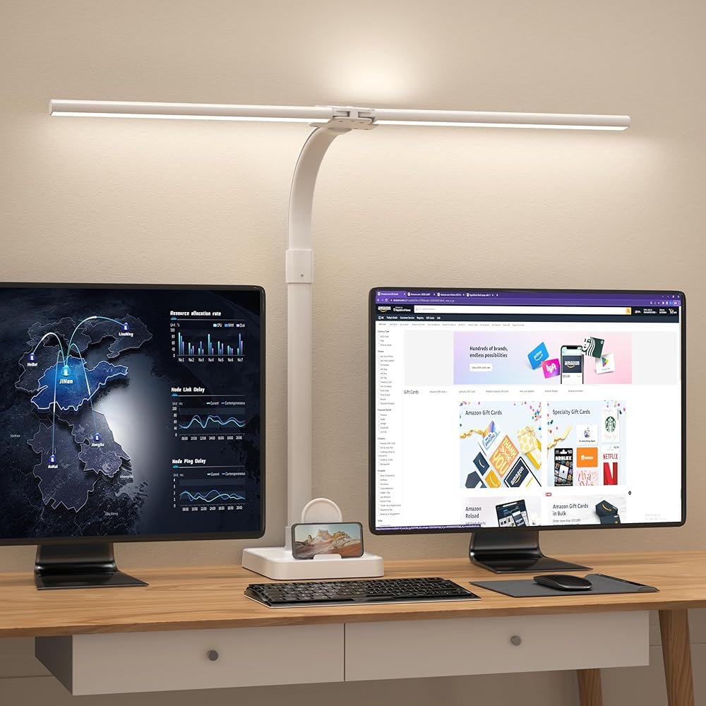 AKRRYR Led Desk Lamp for Home Office,24W Bright Eye-Caring Desk Light with Base,5 Brightness and 5 temperatures Dimmable Workbench Task Light, Adjustable Gooseneck Table Lamp for Monitor(White) - Product Image