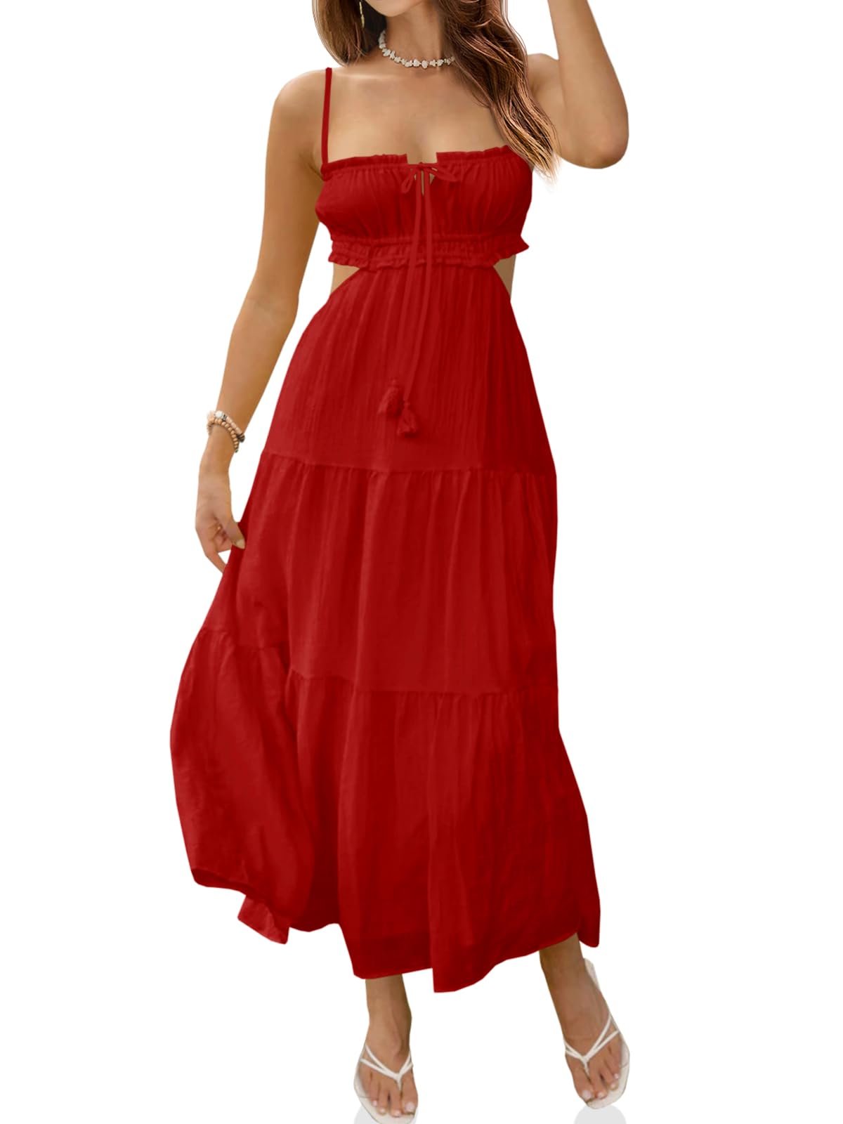 Fisoew Women's Spaghetti Strap Maxi Dress Summer Sleeveless Side Cut Out Dress Casual Boho Backless Flowy Long Dresses - Product Image