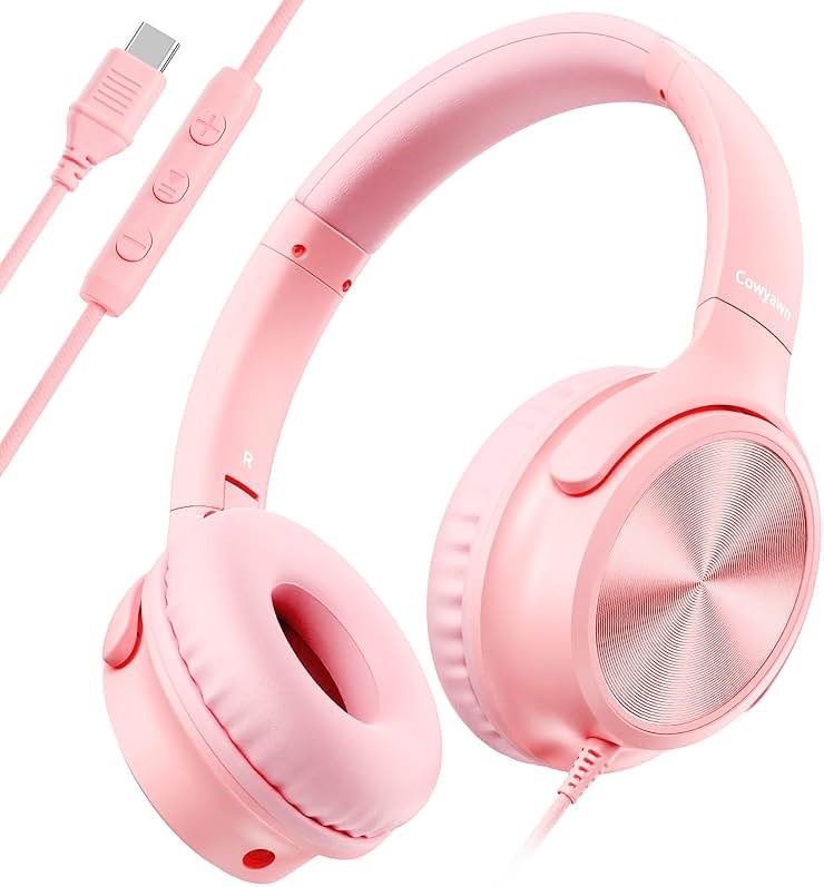 Cowyawn USB C Headphones Wired, Over Ear USB C Wired Headphones with Microphone, Volume Control, HD Stereo Sound, Foldable USB Type C Headphone for Adult/Teens/Laptop/Computer/iPhone 15/16/17, Pink - Product Image