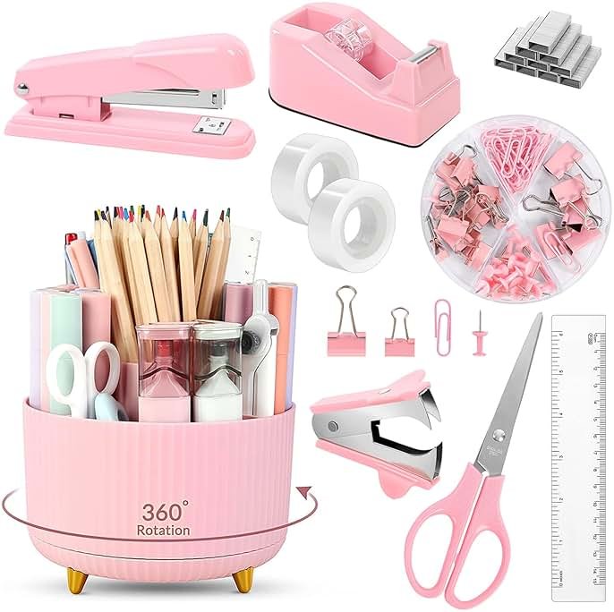 SKYDUE Pink Desk Accessories 10Pcs, Rotating Pen Holder for Desk, Stapler, Staple Remover, Tape Dispenser,2pcs Tape Refills, Binder Paper Clips Kit, Scissor,Pink Office School Supplies - Product Image