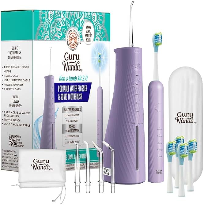 GuruNanda Lion & Lamb Kit 2.0, Electric Toothbrush with Water Flosser Combo, 4 Jet Tips, 4 Brush Heads, & IPX7 Waterproof Design for Complete Oral Care, Lavender - Product Image