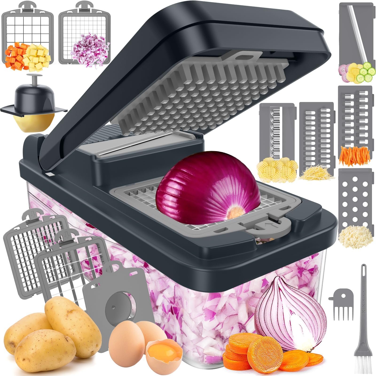 SpaceHacks 12-in-1 Vegetable Chopper, Kitchen Gadgets with 7 Blades, Veggie, Food, Onion Chopper, Cucumber Slicer, Versatile Mandoline, Includes Egg Separator & Finger Guard, Gray - Product Image