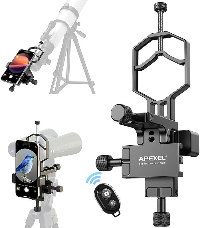 APEXEL CNC Aluminum 3-Axis Telescope Phone Adapter, XYZ-Axis High-Precision Photo Adapter Fits All Smartphone, Phone Mount for Binocular, Monocular, Microscope, Spotting Scope. (with Shutter Remote) - Product Image