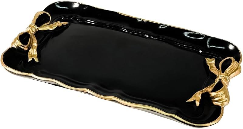 Vintage Decorative Tray Jewelry Tray Towel Tray Storage Tray Rings Necklace Bracelets Earrings Trays Cosmetics Jewelry Organizer Retro Design Bow Decor Resin Plate Coquette Room Decor (Black) - Product Image