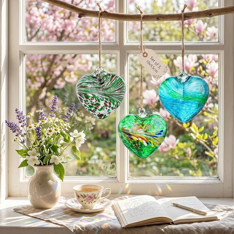 Set of 3 Green Blown Glass Heart Ornaments 4 Inch Hanging Decor for Outdoor Unique Home Garden Patio Decoration for Mom Wife - Product Image