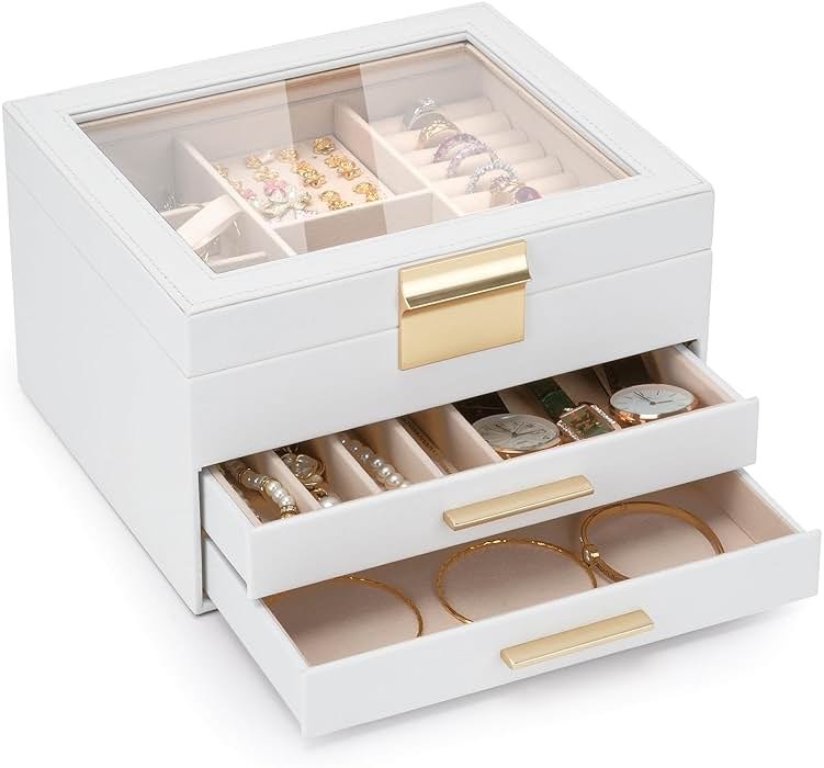 JBAOWEI Jewelry Box for Women, 3-Layer Jewelry Box, Jewelry Organizer with Clear Glass Lid and Drawers, Jewelry Organizers and Storage for Necklaces, Rings, Earrings, Bracelets(White) - Product Image