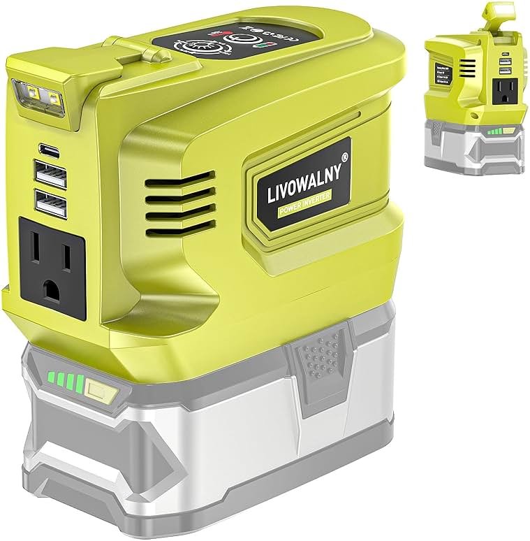 LIVOWALNY 200W Power Inverter Compatible with Ryobi 18V Battery, DC 18V to AC 110-120V Power Station with 1 AC Outlet, 2 USB, 1 Type-C & LED Light, for Camping Power Outage (No Battery) - Product Image