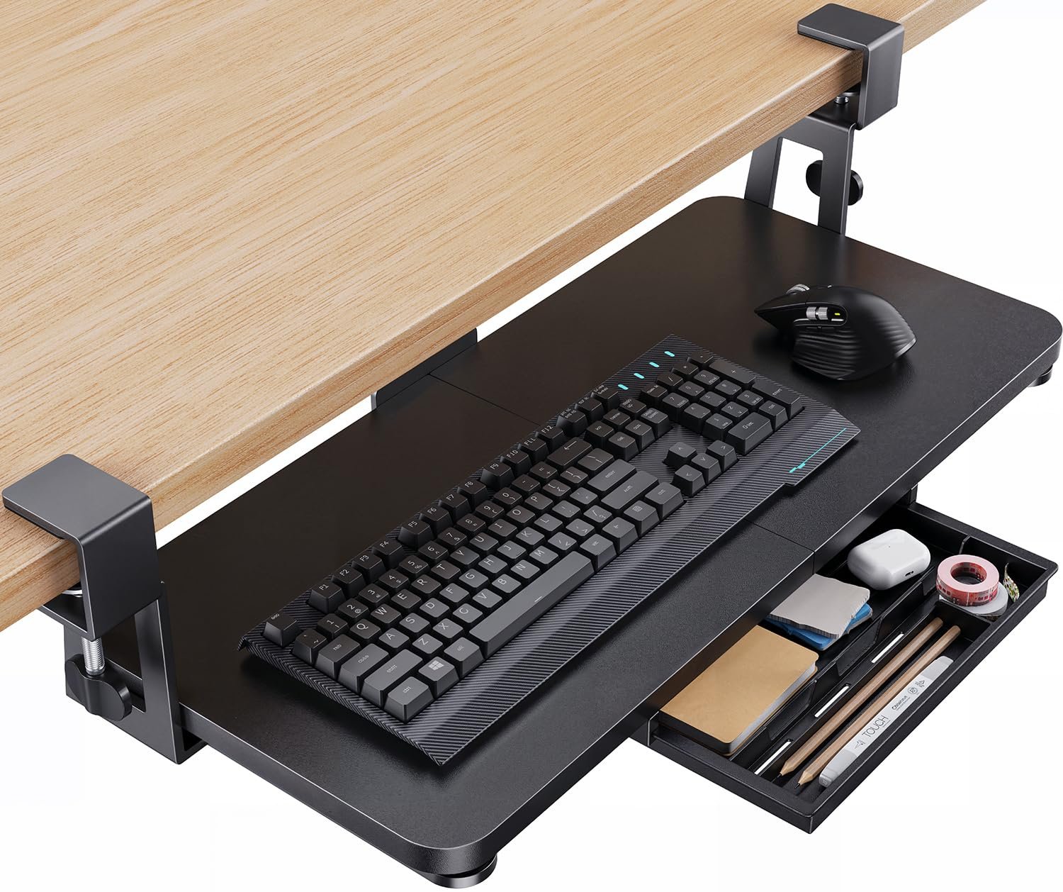 HUANUO Large Under Desk Keyboard Tray with Sturdy C-Clamp Mount, 26 (30.16" Including Clamps) x 12 inch Slide-Out Platform Computer Desk Heavy Duty Keyboard Tray with Storage Drawer for Typing, Black - Product Image