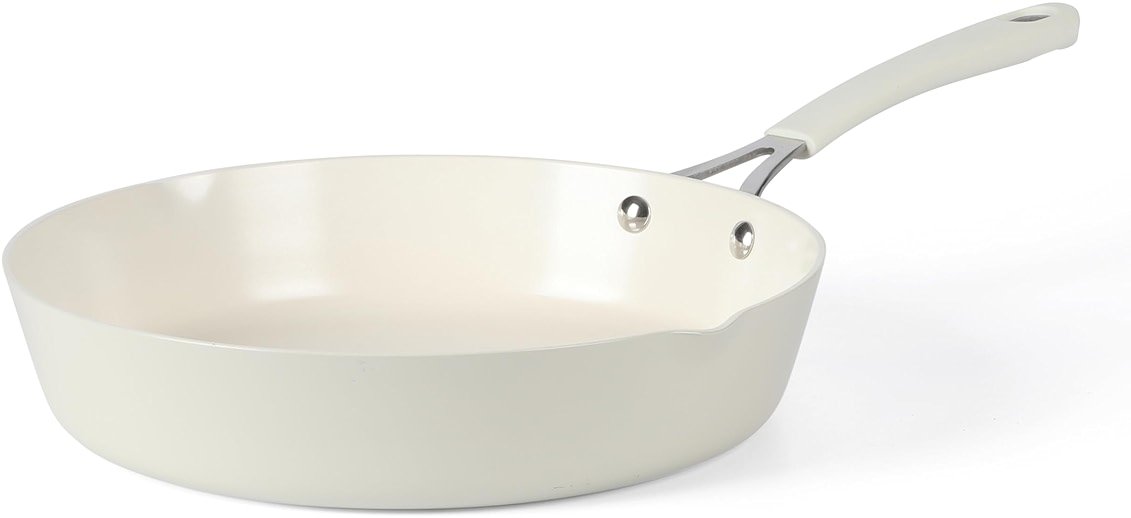 Martha Stewart Heathland 9.5 Inch Aluminum Cookware Non-Toxic Premium Ceramic Non Stick Frying Pan, Kitchen Egg Pan, Omelet, Pots and Pans, Linen White, Induction Safe - Product Image