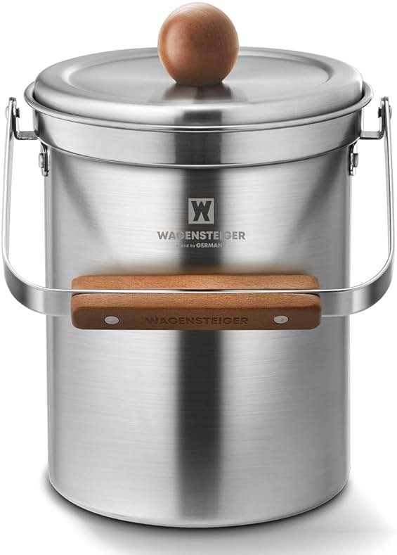 WAGENSTEIGER Kitchen Countertop Compost Bin 101ounces / 3Liters with Airtight Lid, SUS304 Stainless Steel Odor-Free Food Waste Bin with Wooden Handle Stylish Design/Bathroom Trash Can (Silver) - Product Image