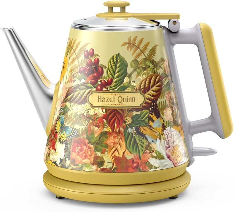 Hazel Quinn Retro X Eduardo Recife Collaboration Electric Kettle- 1 Litres / 34 Ounces Retro Small Tea Kettle, Double Wall, 304 Stainless Steel, 800W Fast Boiling, Cordless, BPA-Free, Auto Shut-Off - Product Image