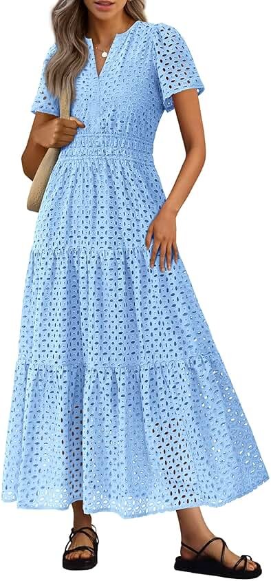 PRETTYGARDEN Womens 2026 Summer Maxi Dress Short Sleeve V Neck Hollow Out Eyelet A Line Long Flowy Beach Vacation Dresses - Product Image