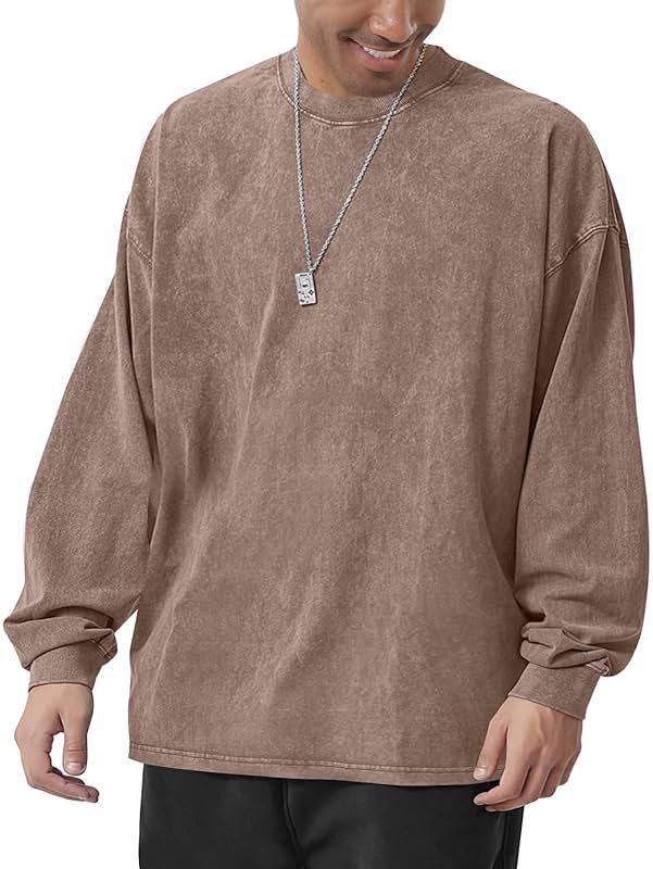 Men's Oversized Cotton T-Shirts Heavy Weight Crew Neck Vintage Wash Tee Long Sleeve Casual Gym Workout Tops - Product Image