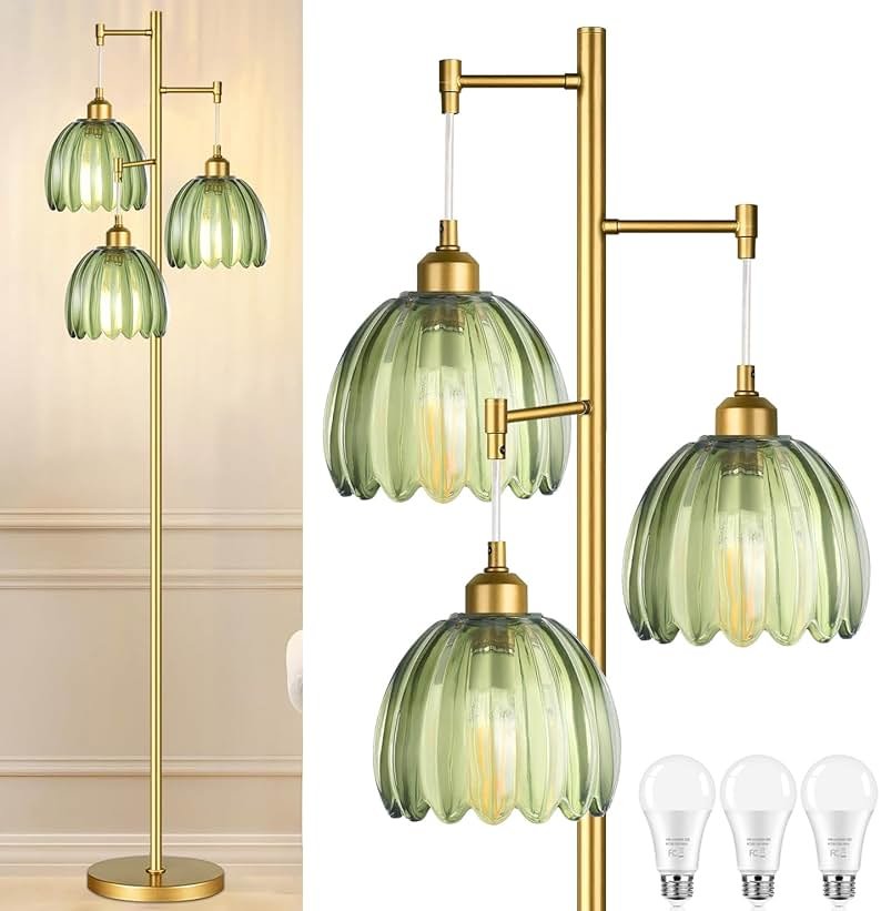 QIYIZM Gold Floor Lamp for Living Room,Bedroom,Mid Century Modern Standing Lamp Brass Tree 3 Light Tall Floor Lamps Vintage Retro Floor Lights Glass Green Flower Lamp Shade Farmhouse Boho Bohemian - Product Image