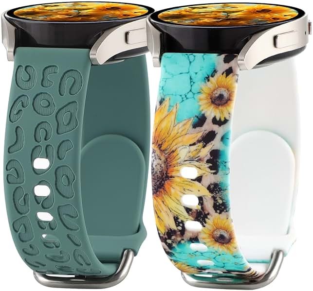 2 Pack Band Compatible with Samsung Galaxy Watch 7 FE 6 5 4 40/44mm,Galaxy Watch 5 Pro 45mm/Watch 6 4 Classic/Active 2,20mm Silicone Sport Band Leopard Engraved Flower Printed Wristband Women Men - Product Image