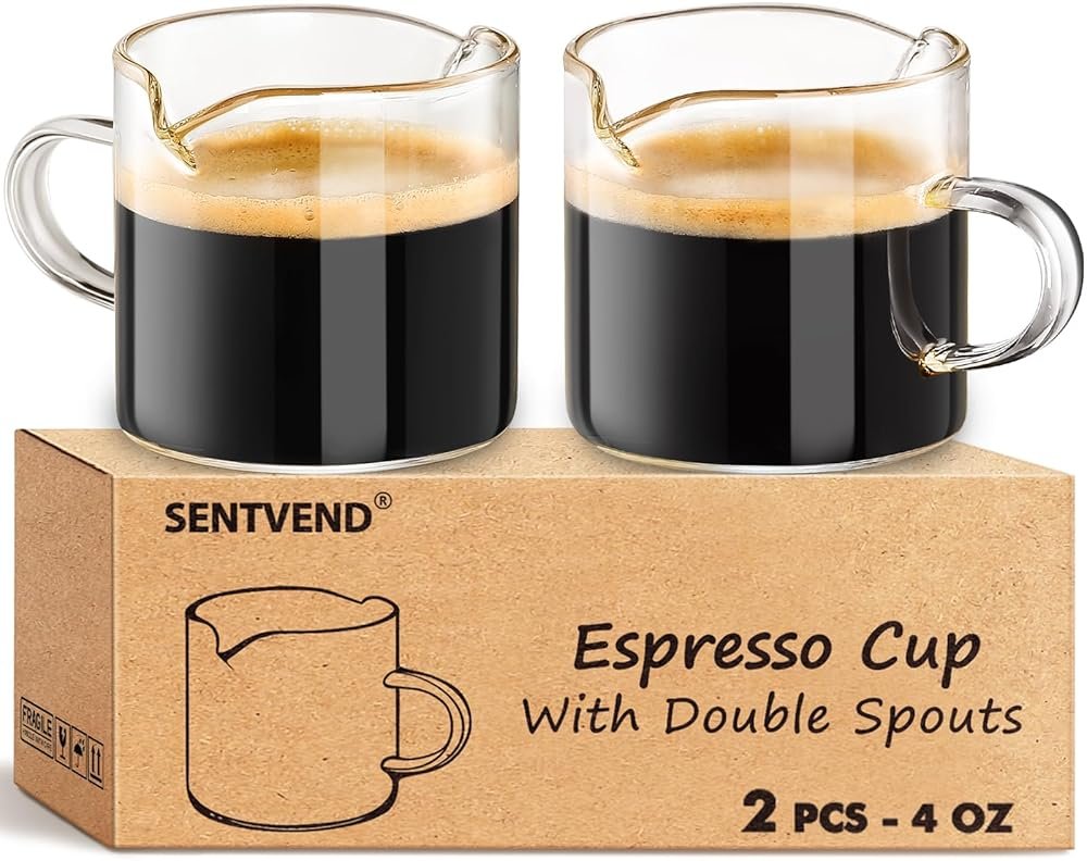 Espresso Cups Set of 2 - 4 Oz Espresso Shot Glass with Handle Double Spout Cups Clear Glass Milk Cup Espresso Accessories Great for Making Coffee Desserts Salad Dressings - Product Image