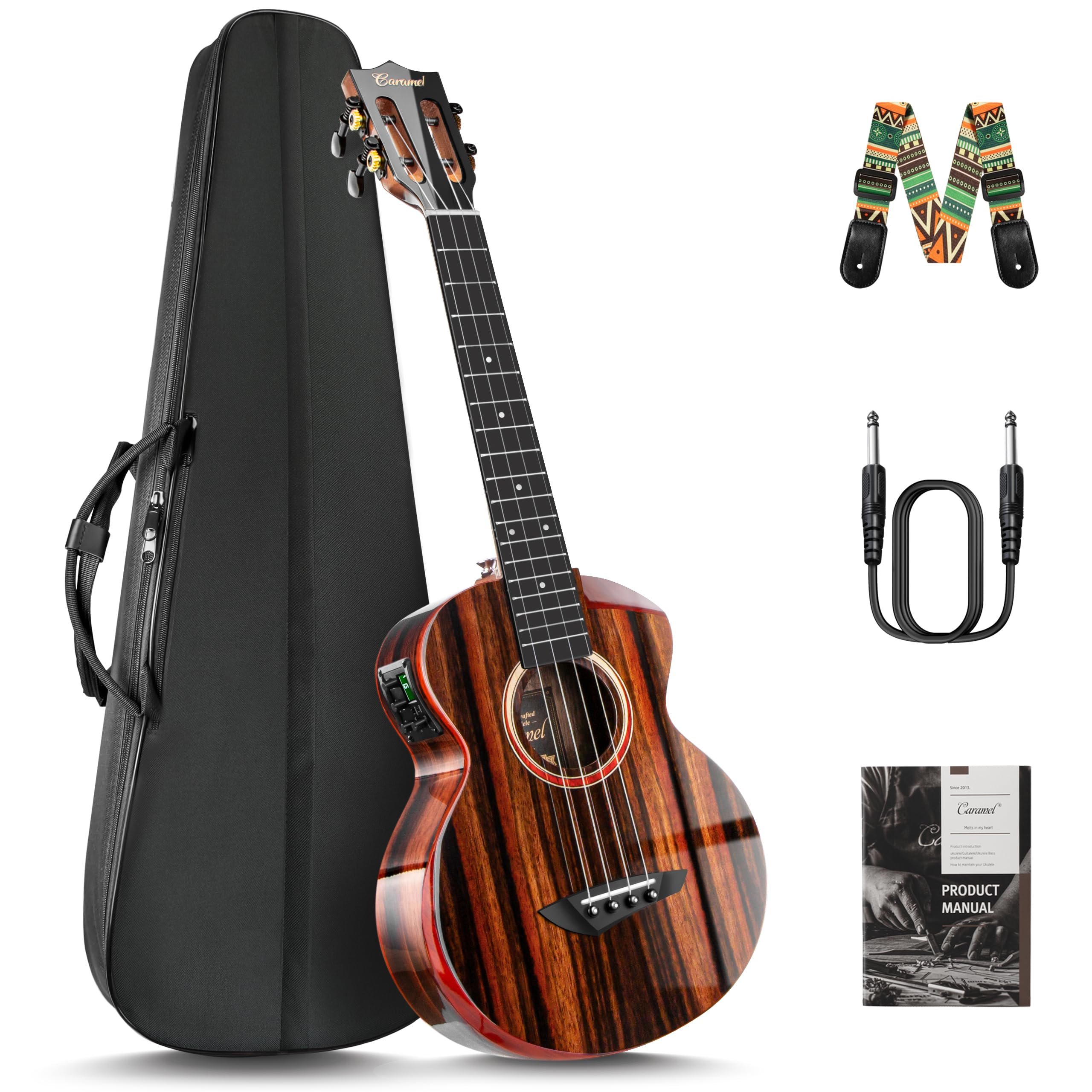 Caramel TEG91 Cutaway Ebony Glossy Tenor Acoustic & Electric Ukulele with Armrest | 26-inch Handmade Professional Ukelele Kit with Accessories - Product Image