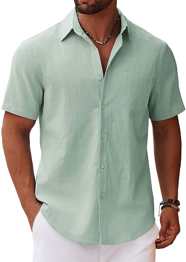 COOFANDY Men's Button Down Short Sleeve Shirt Casual Cotton Summer Beach Linen Wedding Shirts with Pocket - Product Image