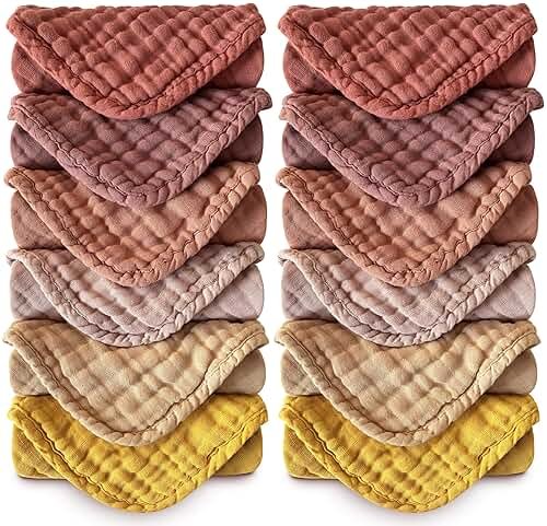 MOON PARK Baby Washcloths, 12 Pack - 12x12 Inches, Small Burp Cloths and Baby Wipes - 100% Cotton Muslin Ultra Soft for Newborn, Infant and Toddlers - Brown, Honey and Bean Paste Series - Product Image