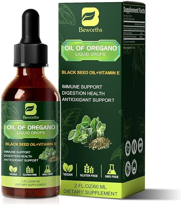 B BEWOTHS Organic Oregano Oil Drops | Oil of Oregano with Black Seed Oil, Vitamin E, 80% Carvacrol Oregano Drops for Immune, Antioxidant, Gut Detox Cleanser Support - Non-GMO, Vegan (240-day Supply) - Product Image