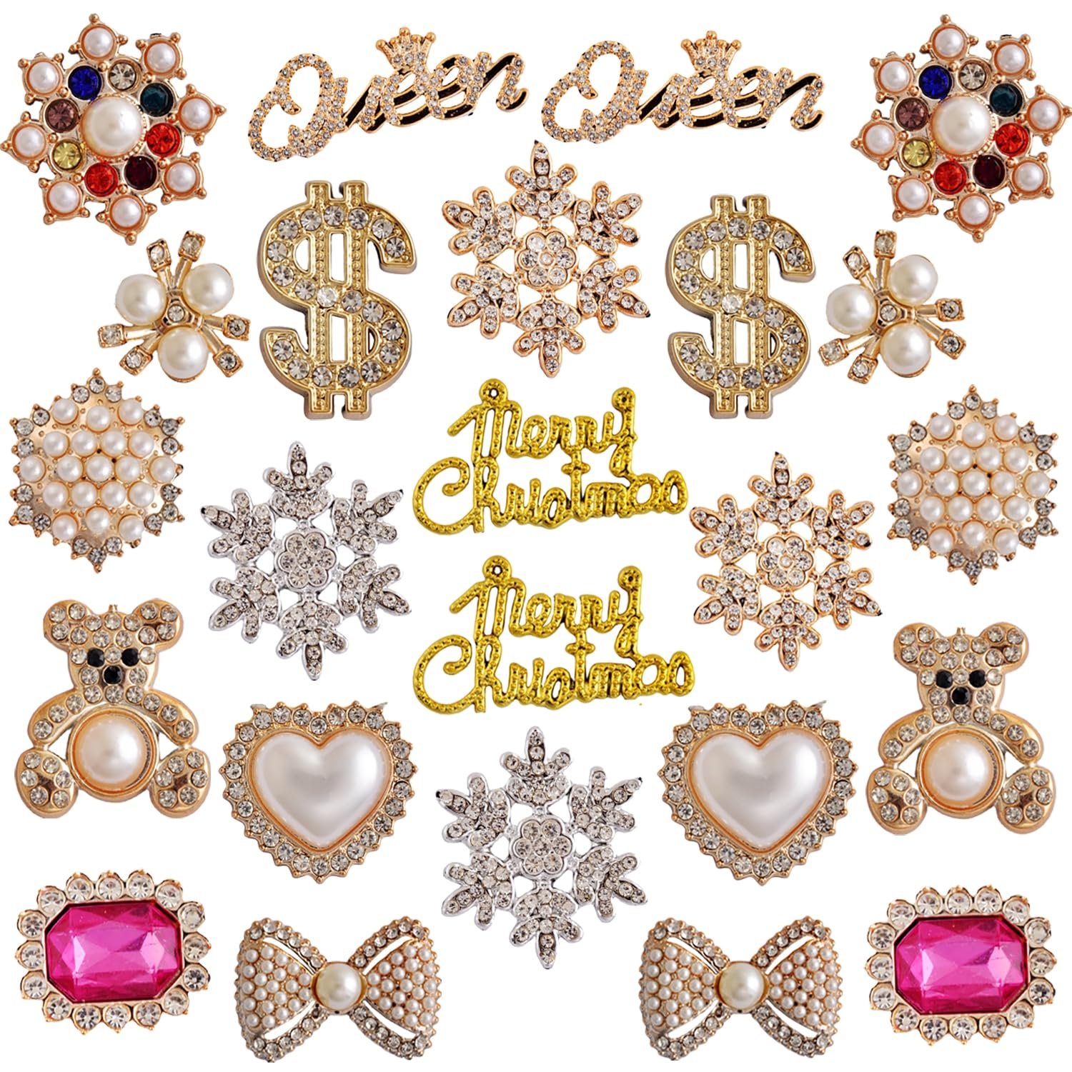 Christmas Charms for Socks - 24pcs Rhinestone Brooches & Pins for Women - Bulk Bling Gold Junk Sock Charms & Shoe Pins for Sambas & Sneakers - Women's Hat, Clothing Crafts & Jewelry Kit - Product Image