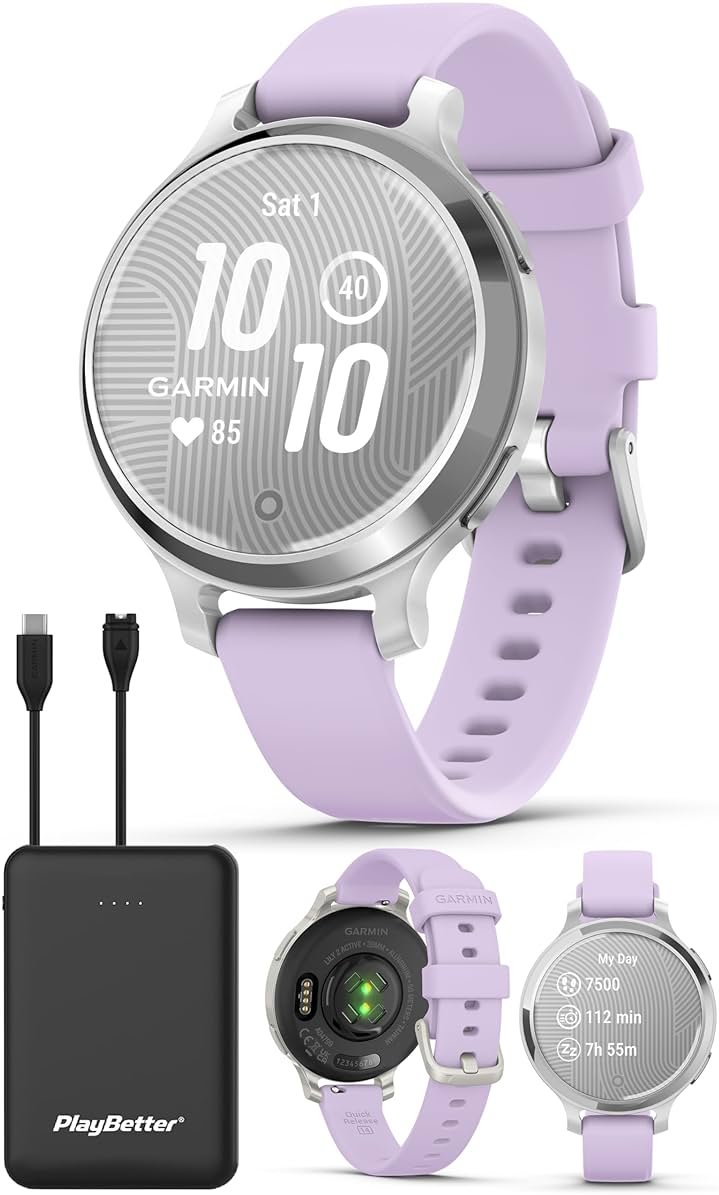 PlayBetter Garmin Lily 2 Active (Silver/Purple Jasmine) Women's Fitness Smartwatch Bundle - Bright Touchscreen Display, Built-in GPS, All-Day Health Monitoring, 9 Days Battery Portable Charger - Product Image