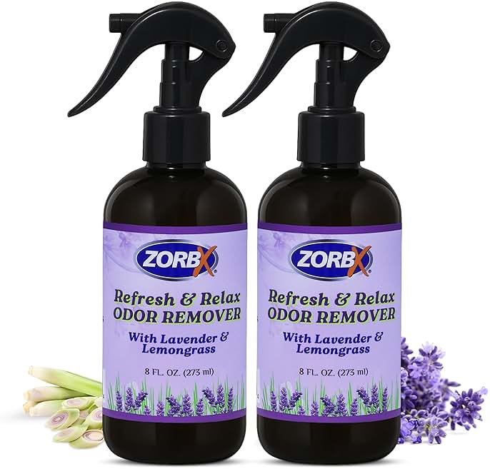 ZORBX Refresh & Relax Odor Remover Spray with Lavender & Lemongrass 8 Oz (Pack of 2) – Permanent Solution Room Freshener & Air Freshener Spray for Home, Bathroom, Furniture, Carpet, Car, Gym & Laundry - Product Image