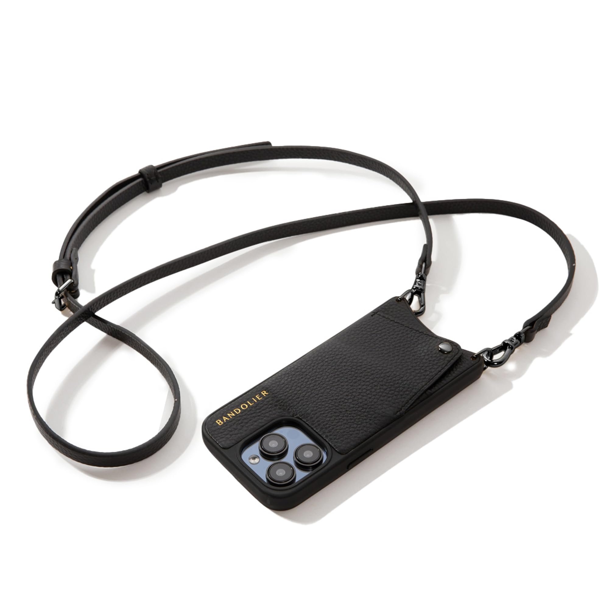 Bandolier Emma Crossbody Wallet Phone Case for iPhone 16 Pro Max. 100% Genuine Pebble Leather. Adjustable & Removable Crossbody Strap. Card Holder with Snap Closure. Black with Pewter Hardware - Product Image