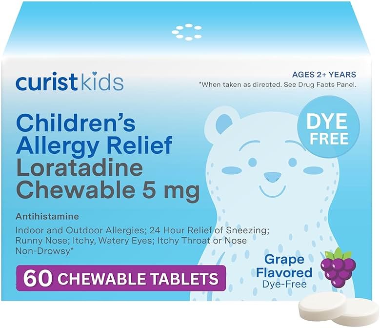 Curist Children's Allergy Medicine Chewable (Kids Loratadine 5mg) 60 Count Grape Flavor - 24 Hour Allergy Relief for Sneezing, Runny Nose, Itchy Eyes & Throat - Kids Allergy Medicine Chewable Tablets - Product Image