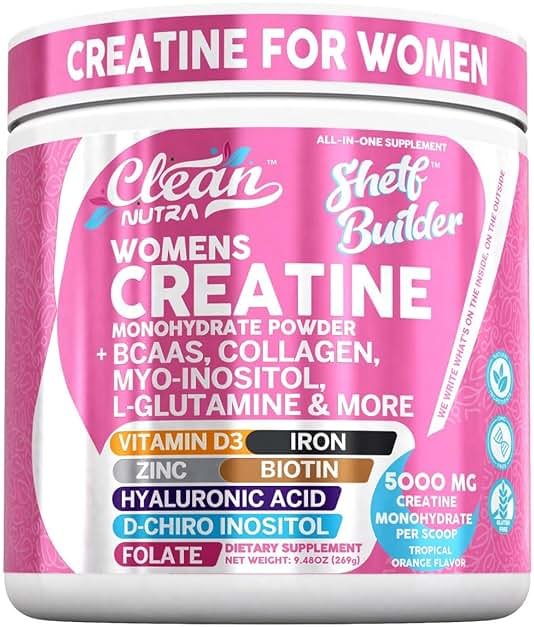 Creatine for Women | Creatine Monohydrate + BCAA Powder Myo-Inositol Collagen Biotin Hyaluronic Acid Folate L Glutamine Vitamin D3 Iron Zinc D-Chiro-Maca Digestion Shelf Builder By Clean Nutra - Product Image