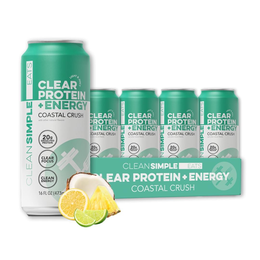Clean Simple Eats Clear Protein + Energy Drink, 20G Grass Fed Whey Protein Isolate, 100MG Natural Caffeine, L Theanine & Cognatiq, No Artificial Ingredients, Coastal Crush Flavor, 16 Oz Cans, 12 Pack - Product Image