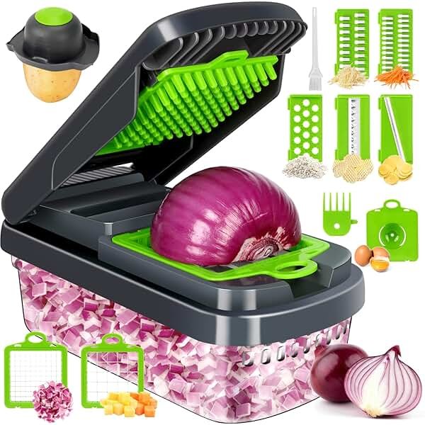 Yusshn Vegetable Chopper,12-in-1 Multifunctional Food Chopper,Professional Onion Chopper with 7 Blades,Vegetable Cutter with Container for Salad,Potato,Carrot,and Garlic; Essential Kitchen Tool(Grey) - Product Image
