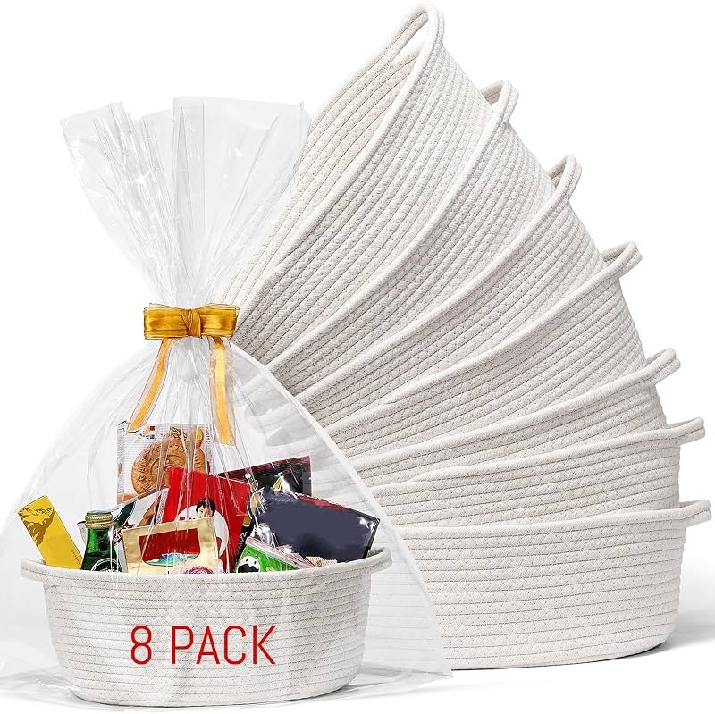 8 Pack Small Woven Basket with Gift Bags and Ribbons, All 12"x 8"x 5", Empty Decorative Gift Chest Box, Cute Baby Gift Basket for Nursery, Cotton Rope Room Shelf Storage Basket with Handles, White - Product Image