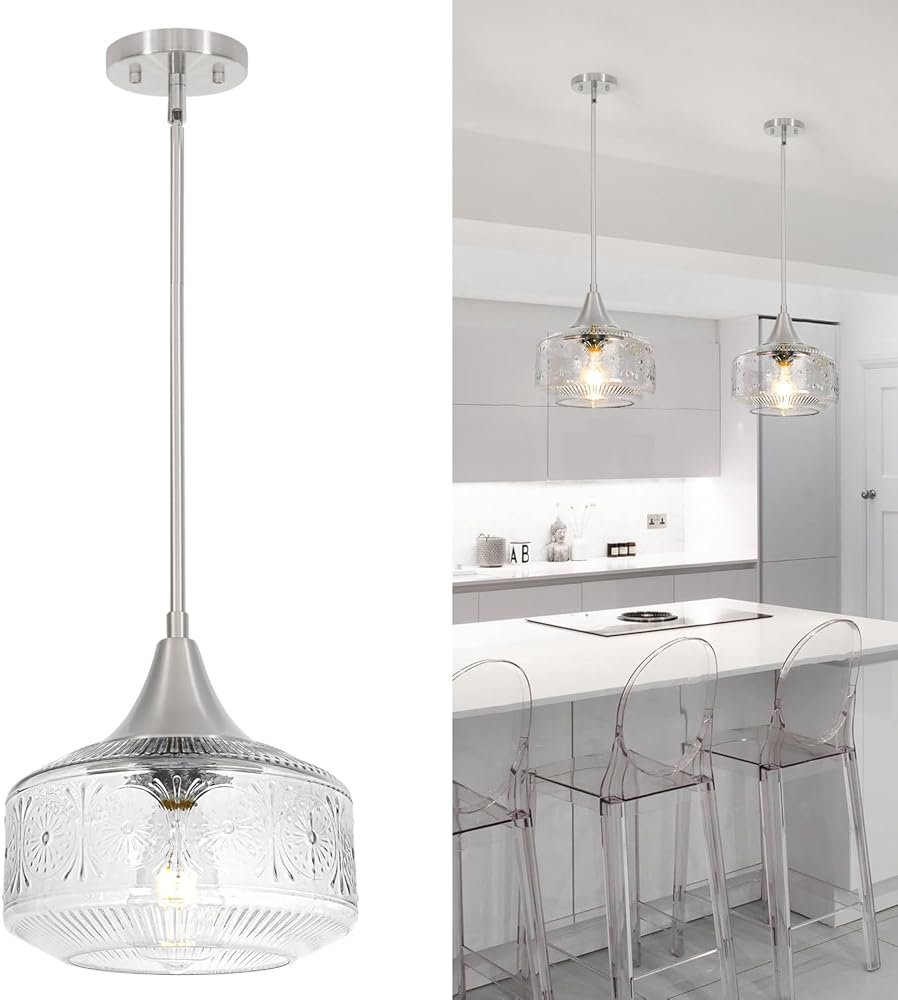 Brushed Nickel Pendant Light, Pendant Lights Kitchen Island with Large Globe Glass Lampshade, Pendant Light Fixtures with Adjustable Cable, Hanging Light for Dining Room Bathroom Bedroom, E26 Base - Product Image