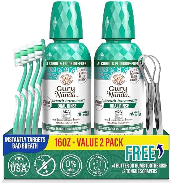 GuruNanda Fresh Breath Mouthwash – 12-Hour Fresh Breath & Helps Fight Bad Breath – ADA Accepted, Alcohol & Fluoride-Free Oral Rinse, Wild Mint - 16 oz, Pack of 2 - Product Image