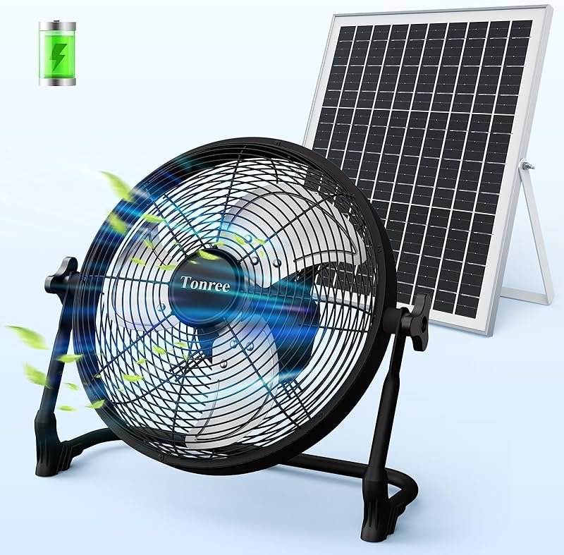 14" Portable Battery Operated Solar Fan, Rechargeable Floor Fan, Hi-Velocity Cordless Camping Fan, USB Phone Charge, 12-60H Runtime, Quiet, Wireless, For Travel Shed Outdoor Home Garage Tent Car Barn - Product Image