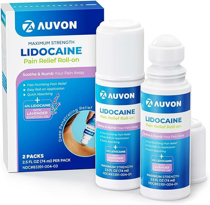 AUVON Max Strength Lidocaine Pain Relief Roll-On with Lavender Essential Oil, No Mess Applicator, Quick Absorbing to Numb & Soothe Pain Relief for Knees, Shoulders, 2.5 Oz, 2 Packs - Product Image