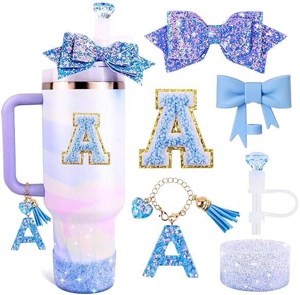 Blue Cup Accessories Set for Stanley 30OZ & 40OZ Tumbler with Handle, Letter Charms, Bow & Diamond Straw Covers, Glitter Silicone Boot, Personalized Sticker for Stanley Cup Accessories (A) - Product Image