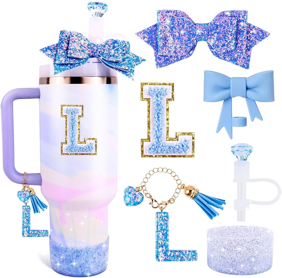Blue Cup Accessories Set for Stanley 30OZ & 40OZ Tumbler with Handle, Letter Charms, Bow & Diamond Straw Covers, Glitter Silicone Boot, Personalized Sticker for Stanley Cup Accessories (L) - Product Image