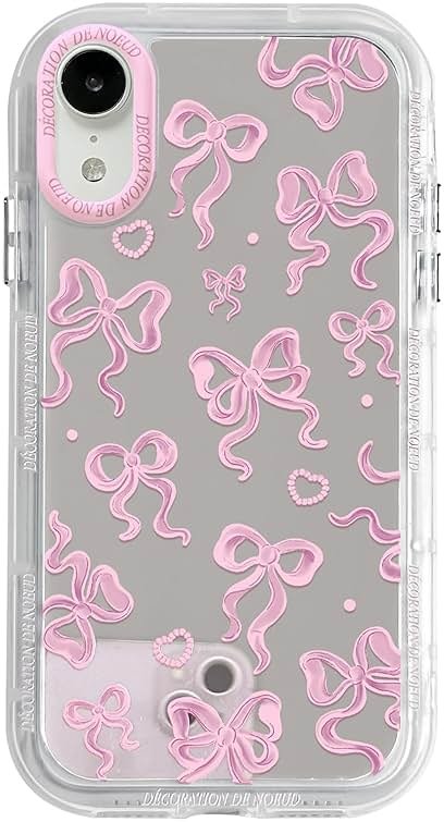 NITITOP Compatible with iPhone XR Case Cute Mirror Bow Pattern Love Heart for Women Girls Ribbon Design Shockproof Silver Protective Phone Cover - Pink Bow - Product Image