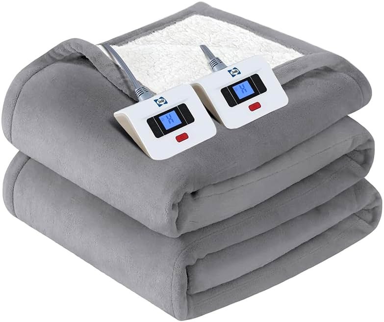 Sealy Electric Blanket King Size, Flannel & Sherpa Heated Blanket with 10 Heating Levels & 1-12 Hours Auto Shut Off, Fast Heating Warming Blanket, Machine Washable, Light Grey, 100 x 90 Inch - Product Image