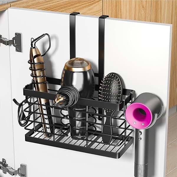 Sevenblue Hair Tool Organizer, 2026 Upgraded 3-in-1 Universal Hair Dryer Holder, Adjustable Height Metal Blow Dryer Holder Wall Mounted/Over Cabinet Door/Free-Standing (Black) - Product Image